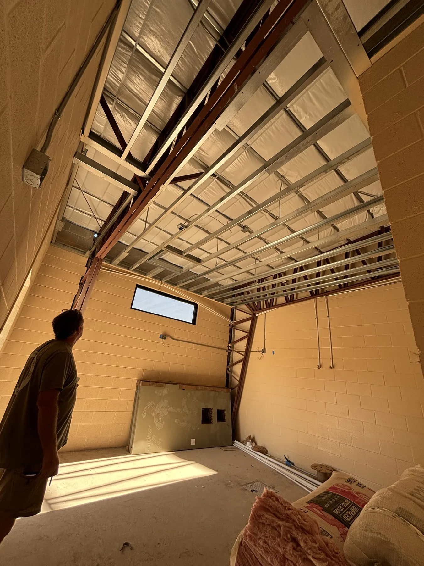 Interior ceiling framing exposed during construction work