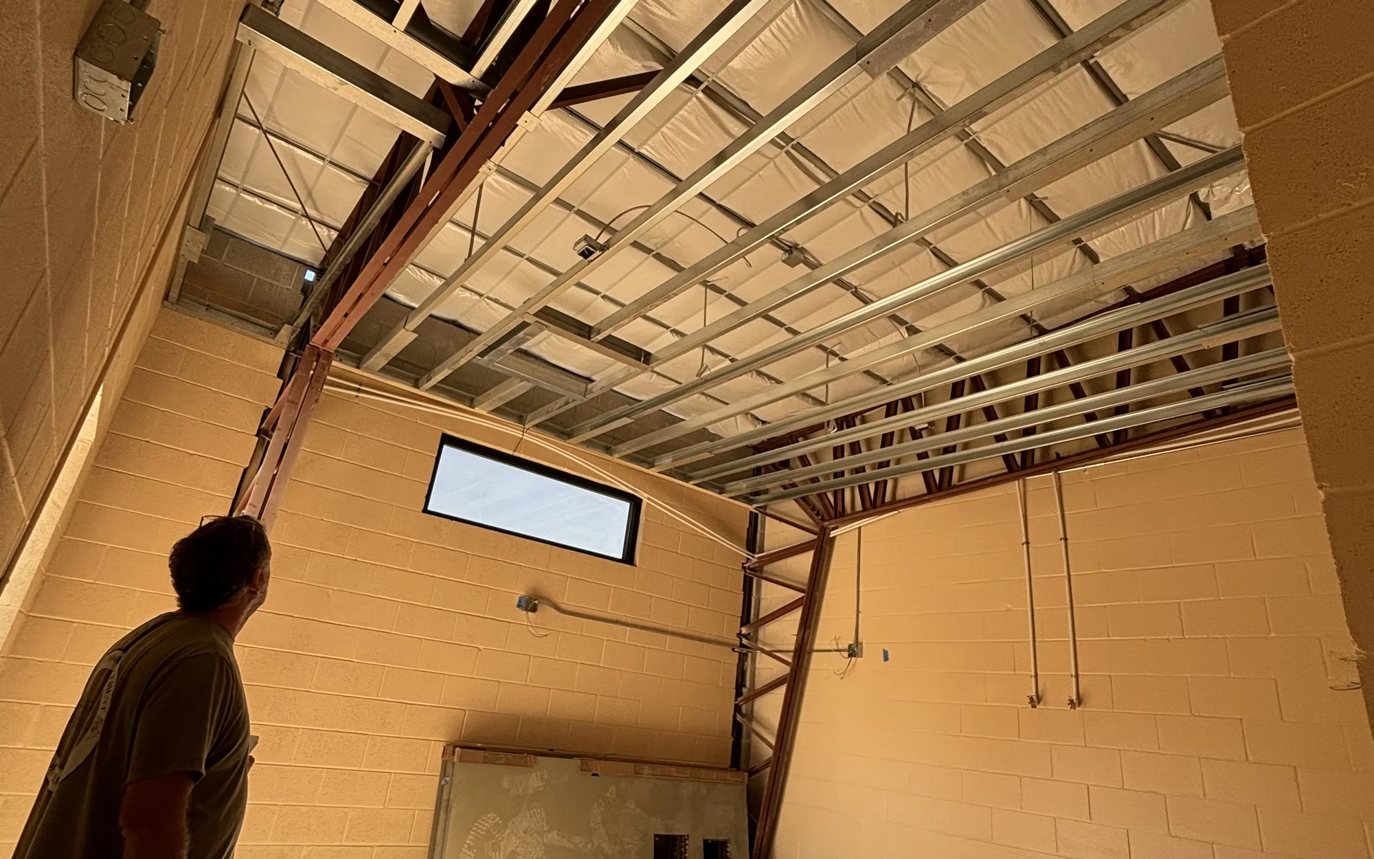 Exposed ceiling framing during interior reconstruction