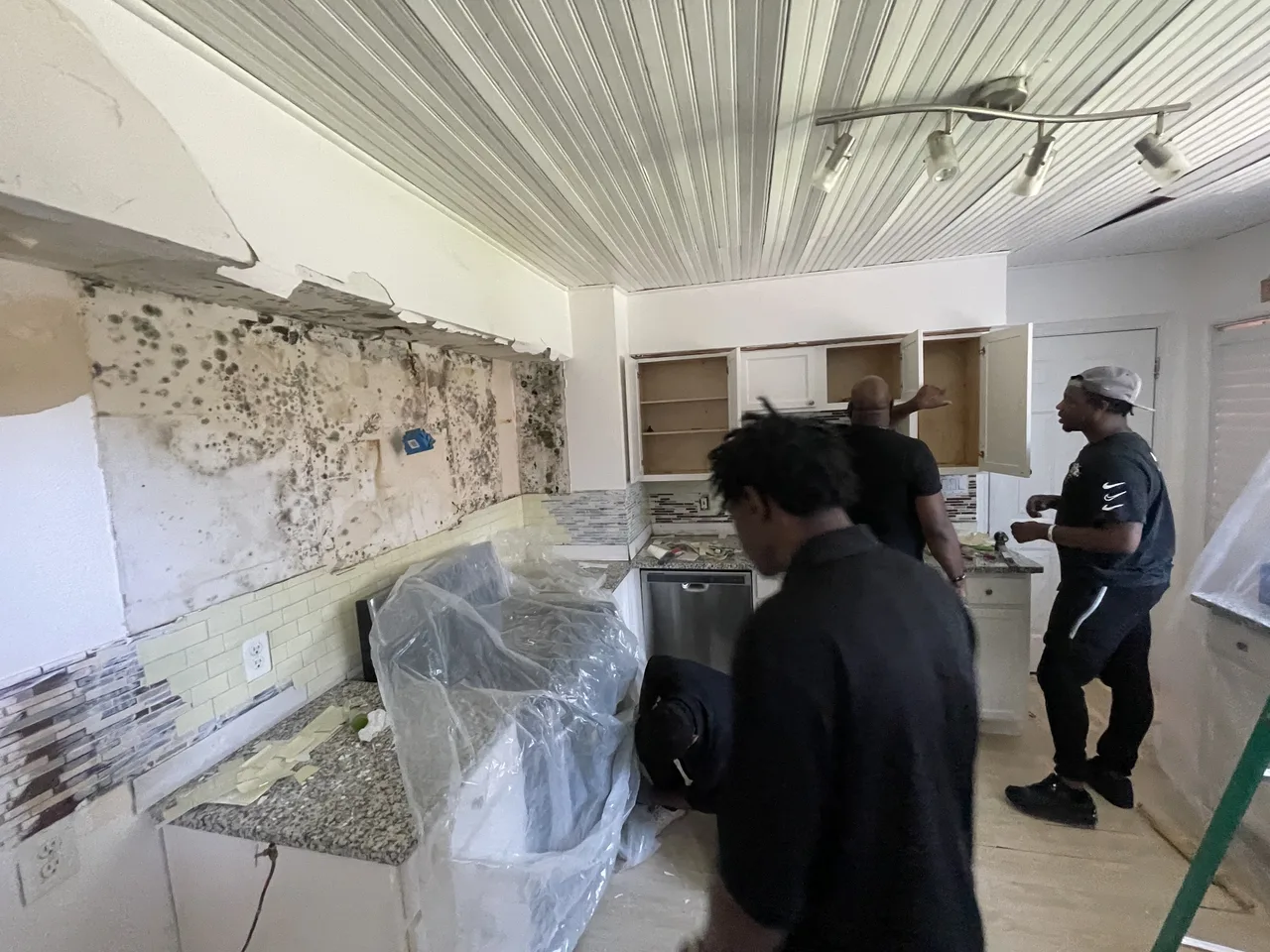Kitchen wall with visible mold-like spotting exposed during material assessment